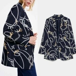 Zara Women's Navy Blazer with Gold and White Rope Pattern